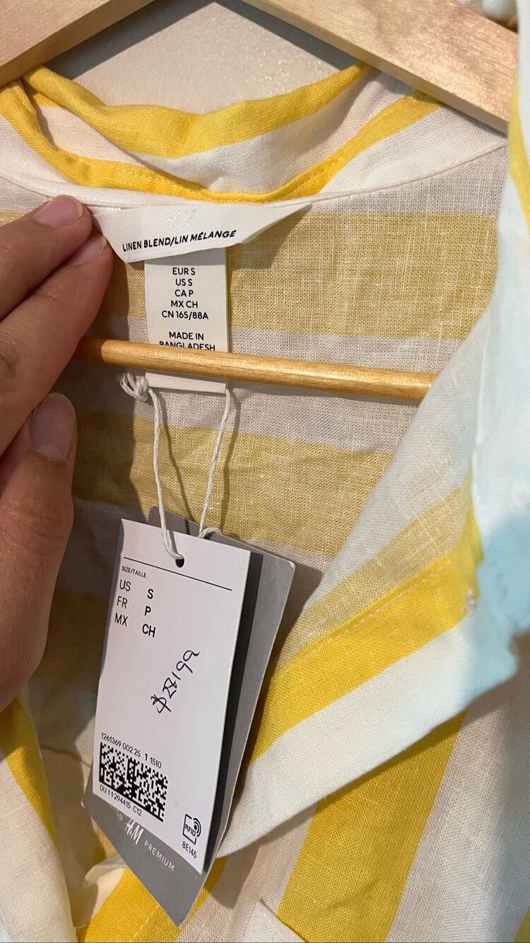 H&M Linen Blend Striped Crop Shirt Women S Yellow New Short Sleeve Button Up - Picture 5 of 6